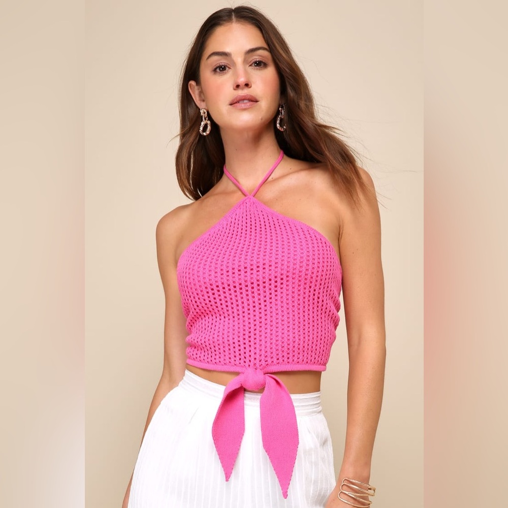 Sunny Serenity Hot Pink Crochet Cutout Halter Top